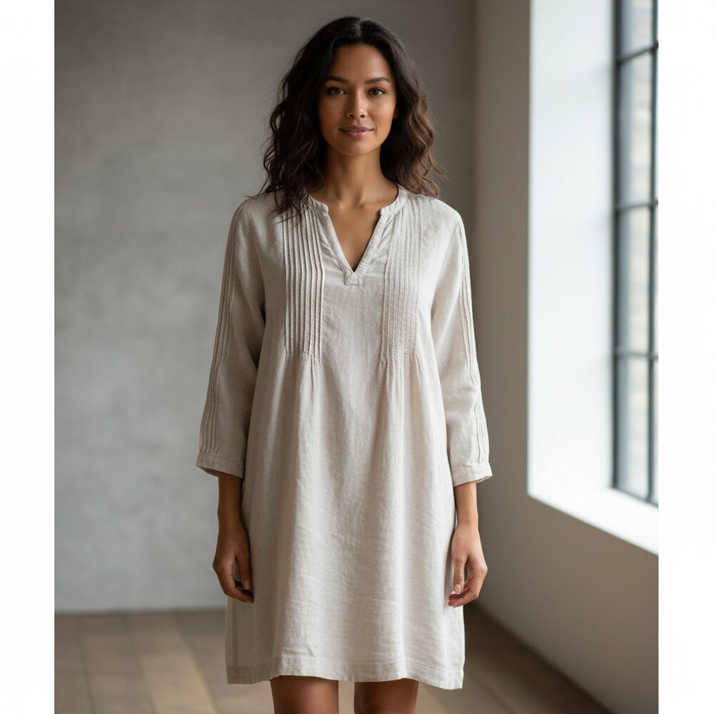 Tahari 100% Linen Pintuck Tunic Blouse Coastal Medium Tan - Picture 4 of 7